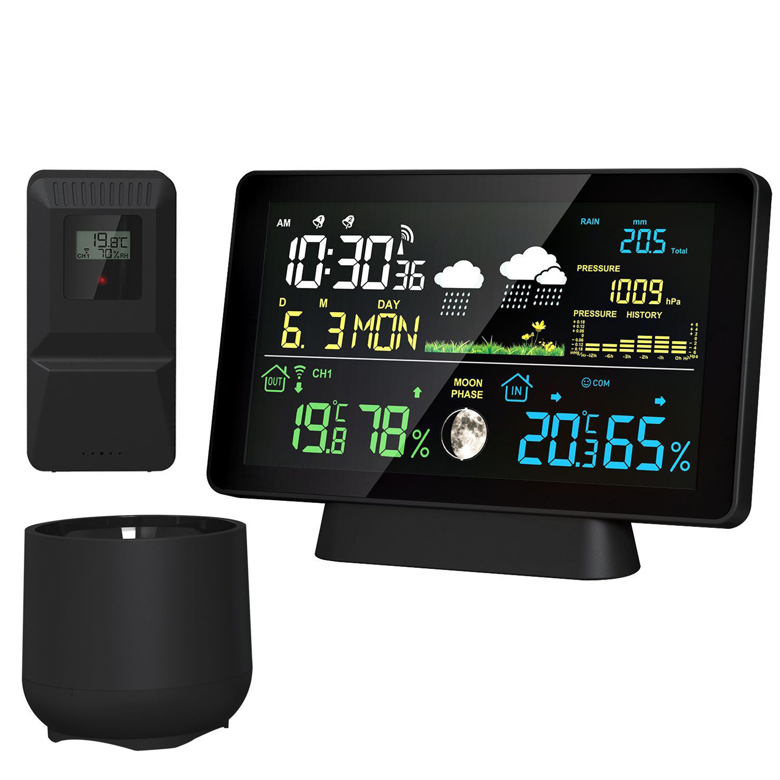 Garden Weather Station - ในร่ม/กลางแจ้งสถานีอากาศไร้สายเครื่องวัดอุณหภูมิเวลาวันที่สัญญาณวิทยุความดันอากาศ Moon Phase Rain Gauge พยากรณ์อากาศ